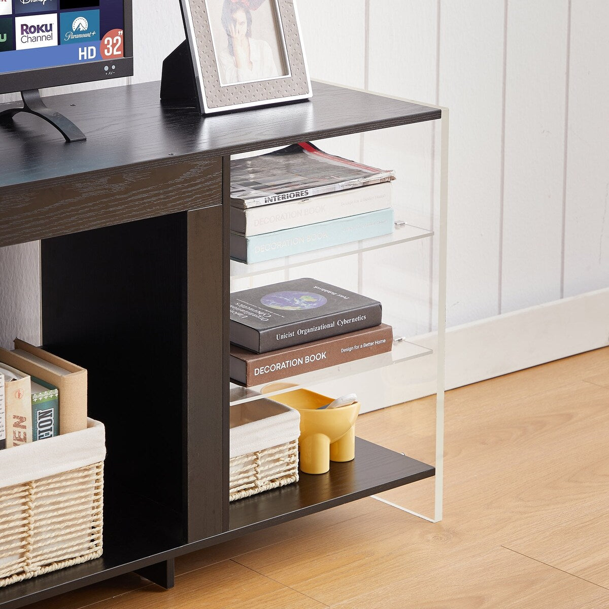 Javlergo TV Stand for TVs up to 75 Inch, Modern Entertainment Center with Open Shelves and Power Outlet
