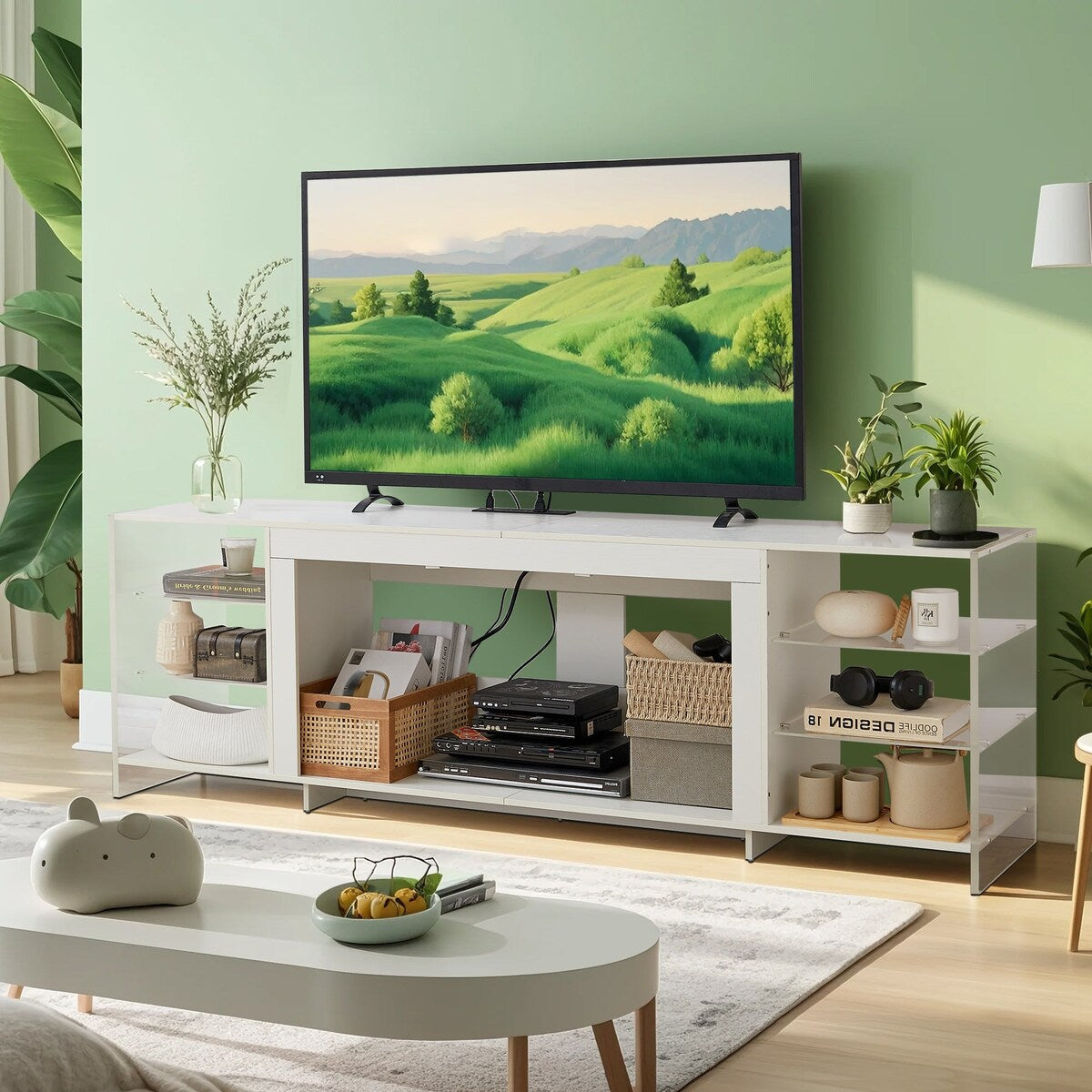 Javlergo TV Stand for TVs up to 75 Inch, Modern Entertainment Center with Open Shelves and Power Outlet