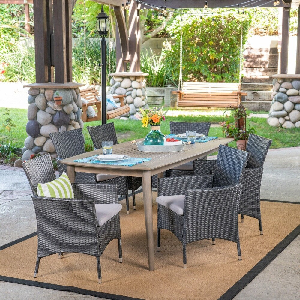 Jaxon Outdoor 7 Piece Multibrown PE Wicker Dining Set with Rectangular Dining Table by Christopher Knight Home