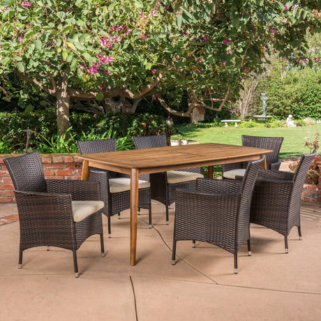 Jaxon Outdoor 7 Piece Multibrown PE Wicker Dining Set with Rectangular Dining Table by Christopher Knight Home
