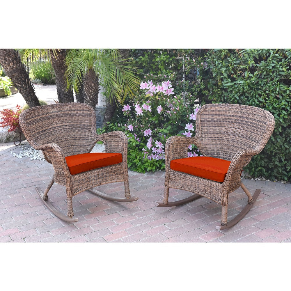 Jeco Windsor Honey Resin Wicker Rocker Chair with Cushions (Set of 2)