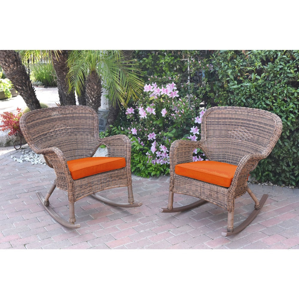 Jeco Windsor Honey Resin Wicker Rocker Chair with Cushions (Set of 2)