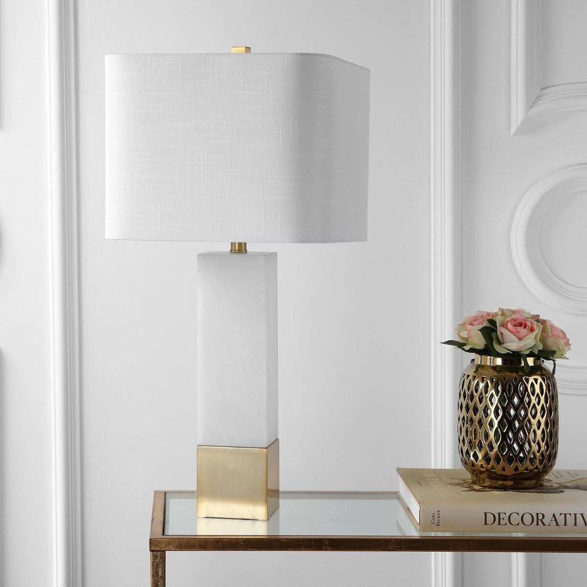 Jeffrey 29" Metal/Marble LED Table Lamp, Brass Gold/White by JONATHAN Y