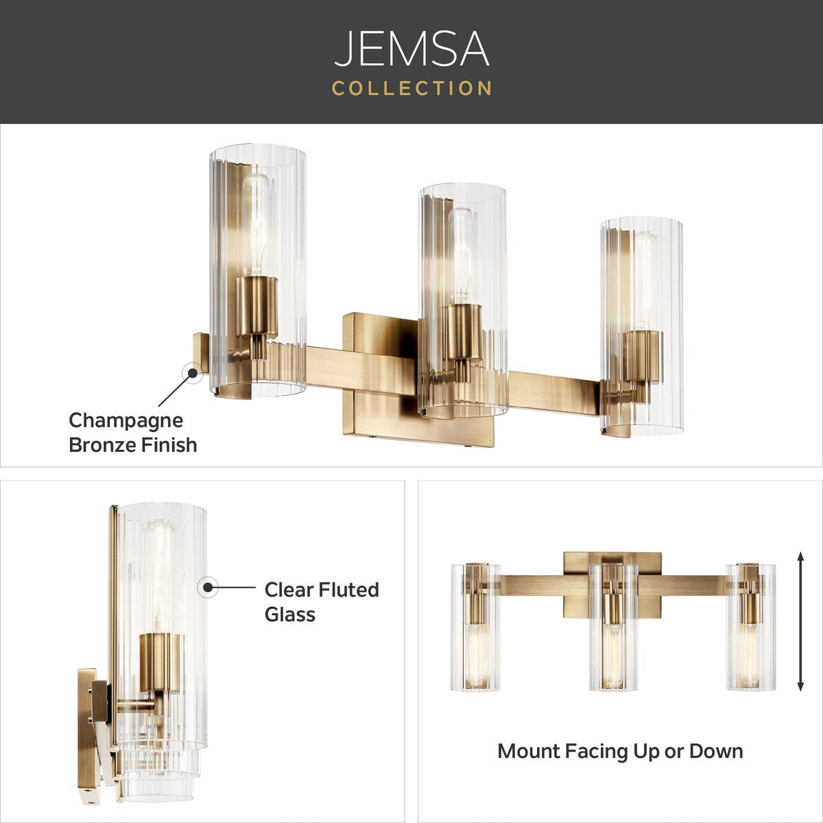 Jemsa 14 in. 1-Light Wall Sconce with Clear Fluted Glass Shade
