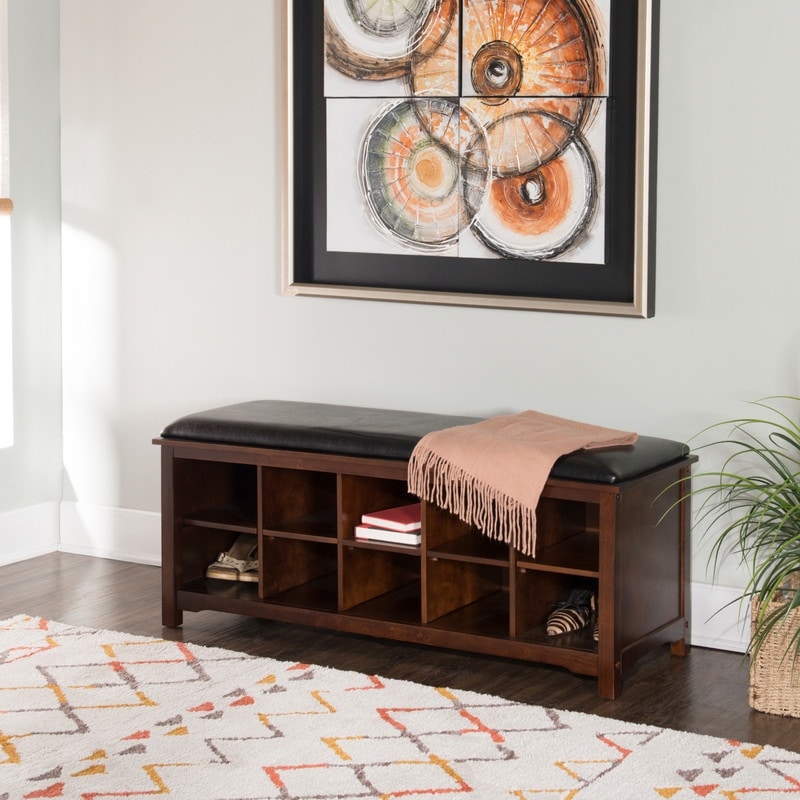 Joan Dark Walnut Faux Leather Storage Cube Entryway Bench