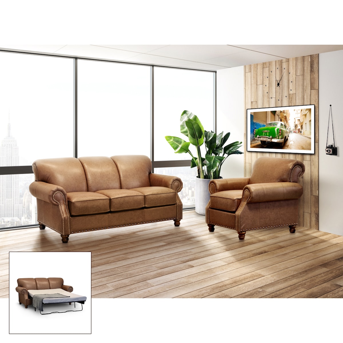 Joehl 2 Pieces Top Grain Leather Full Sleeper and Chair Set