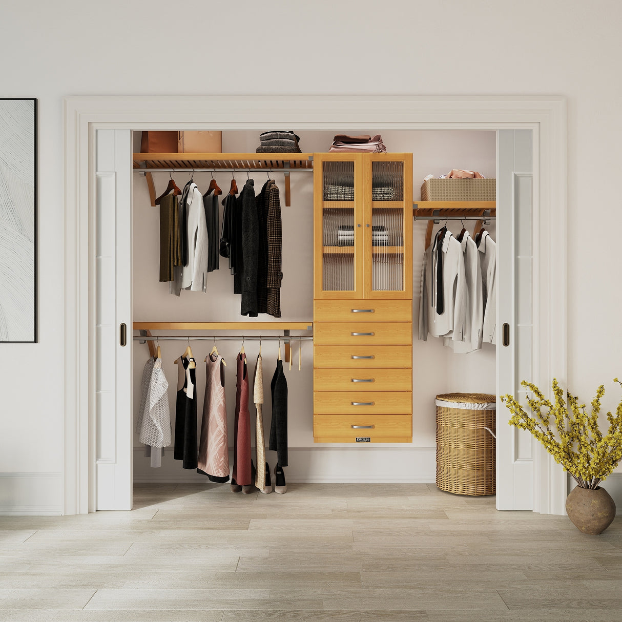John Louis Home Solid Wood Reach-In Closet System with 6-Drawers and Doors Honey Maple