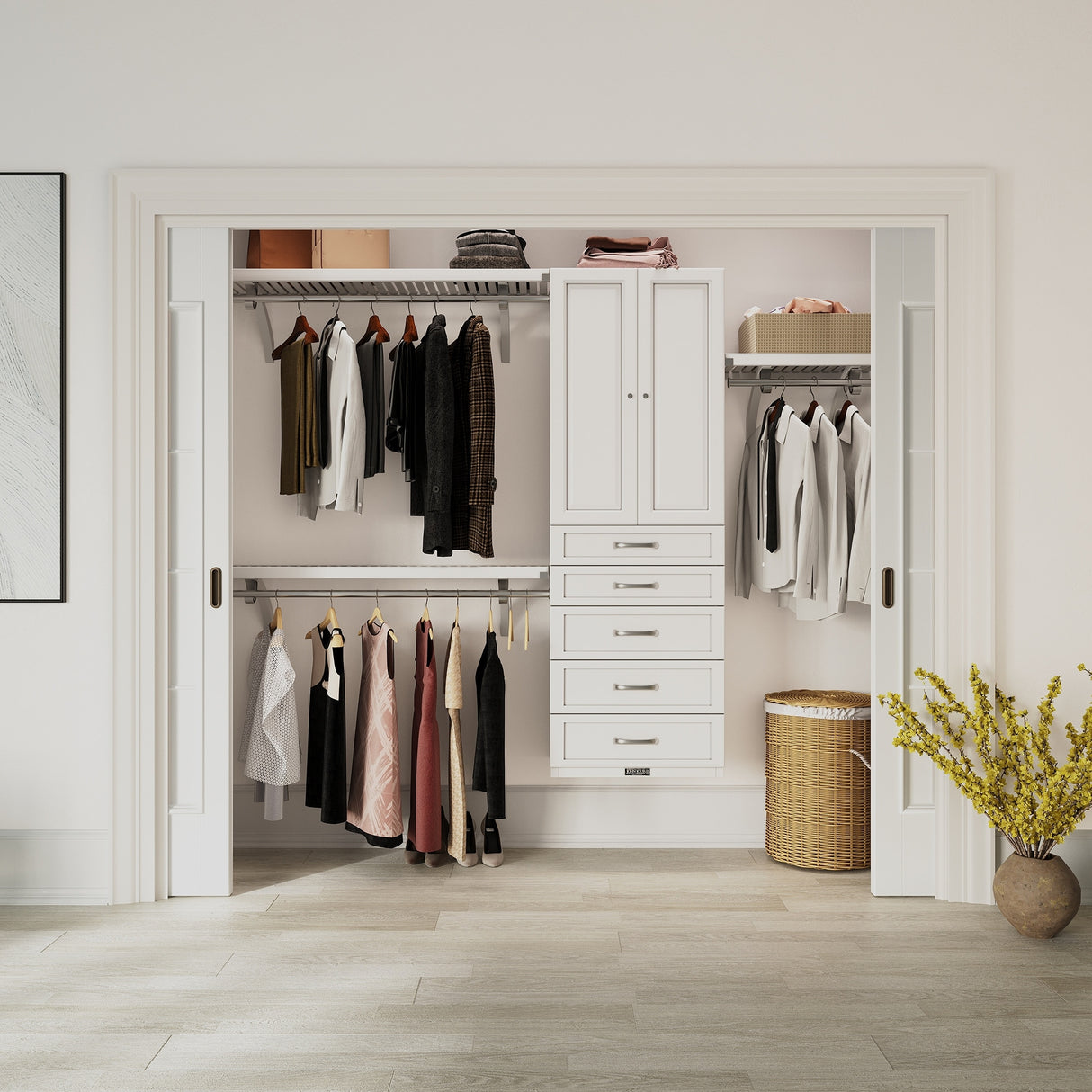 John Louis Home Solid Wood reach-In Closet System with 5-Drawers and Solid Shaker Doors White