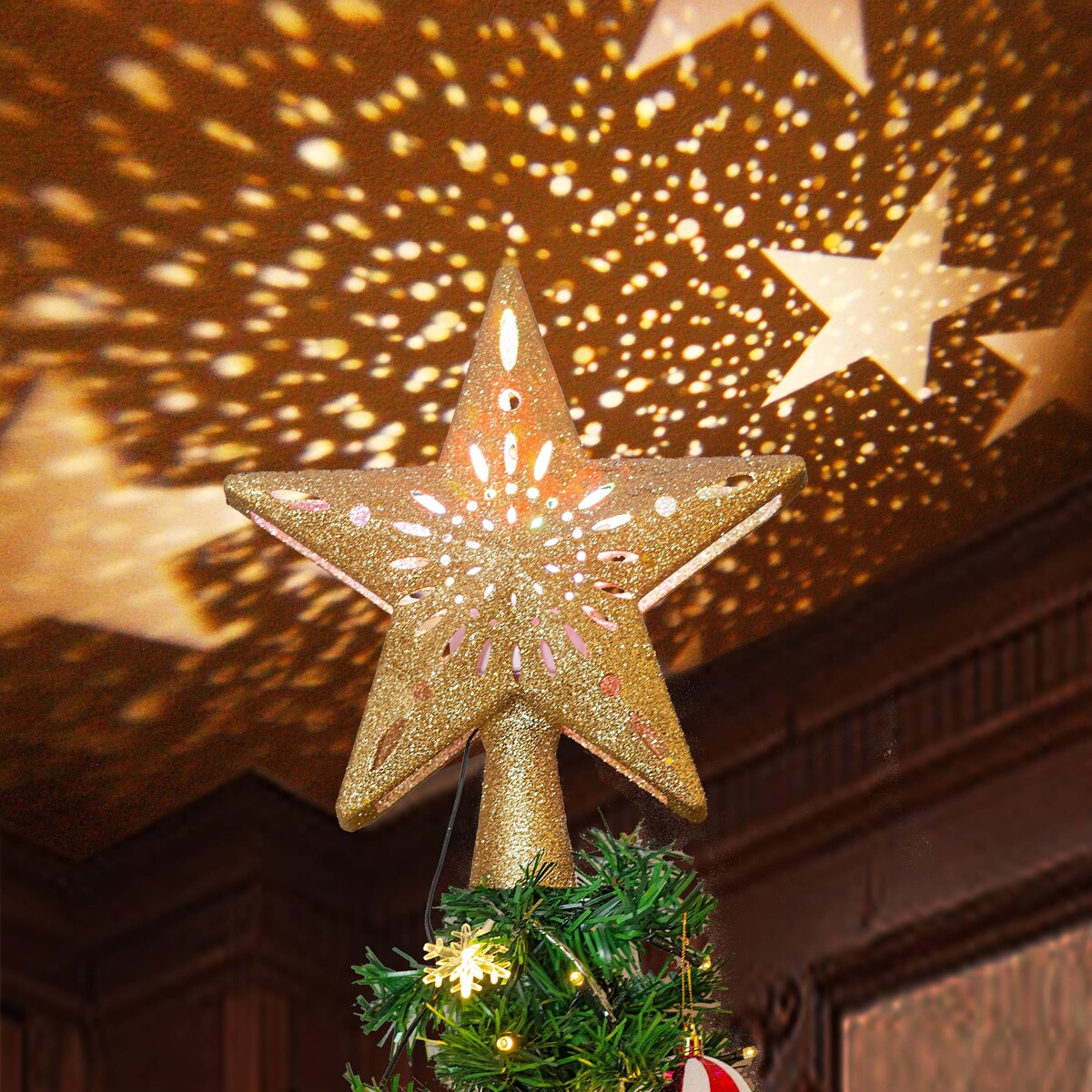 Lighted Gold Glitter Star Tree Topper with Rotating Magic Star Projector