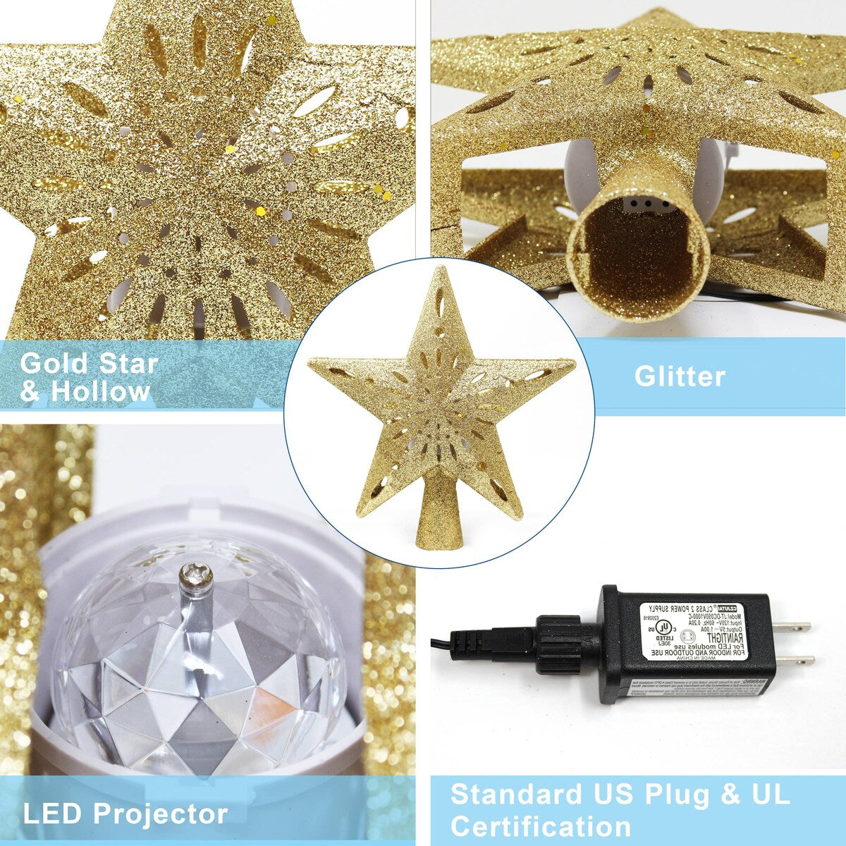 Lighted Gold Glitter Star Tree Topper with Rotating Magic Star Projector