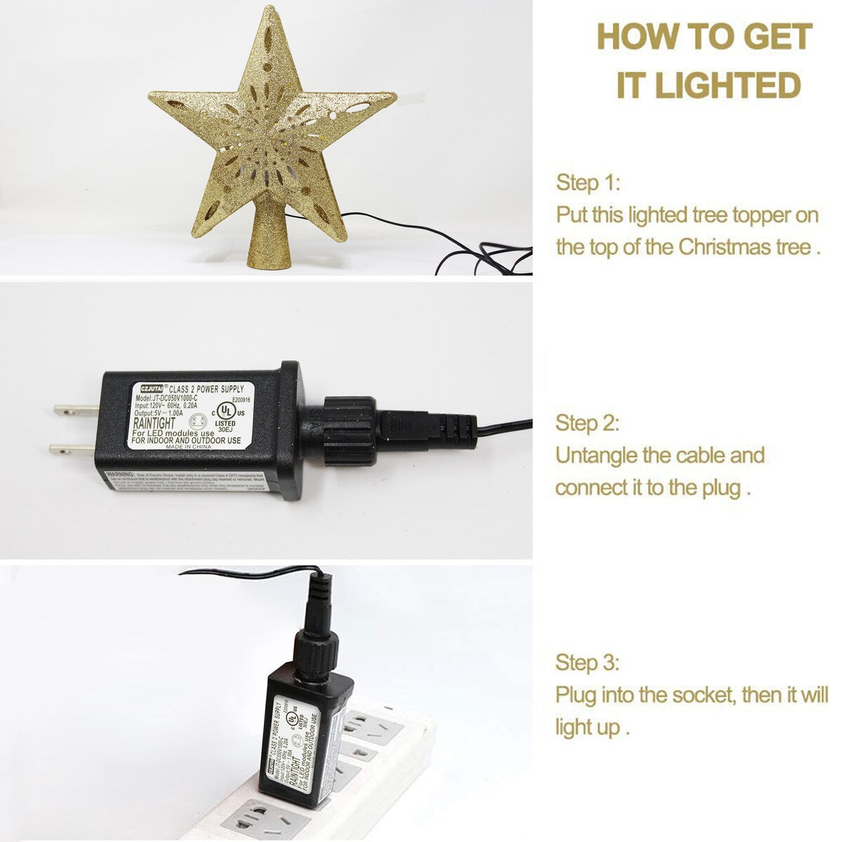 Lighted Gold Glitter Star Tree Topper with Rotating Magic Star Projector