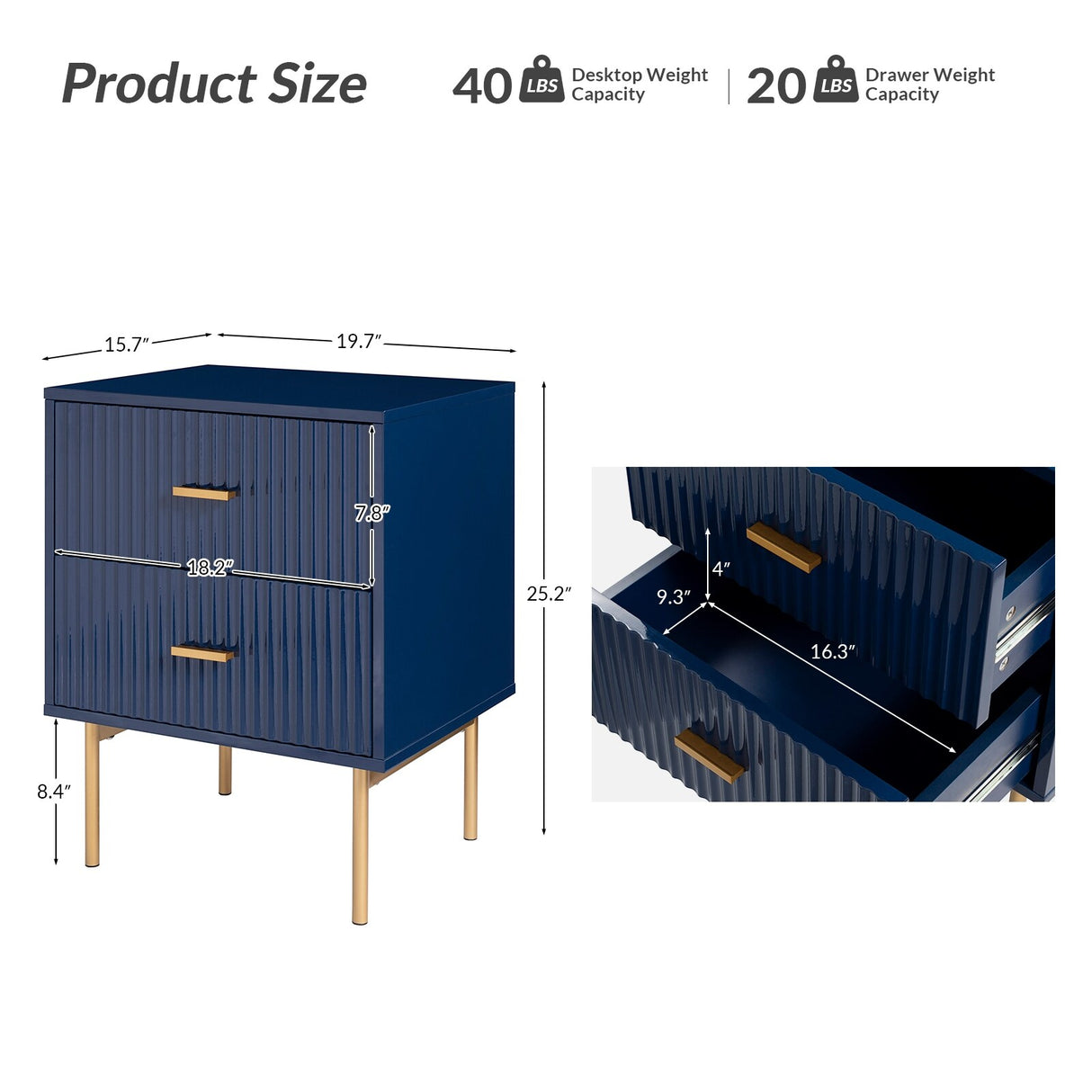 Jonah Contemporary Adjustable Legs Wood 2-Drawer Nightstand Set of 2 by HULALA HOME