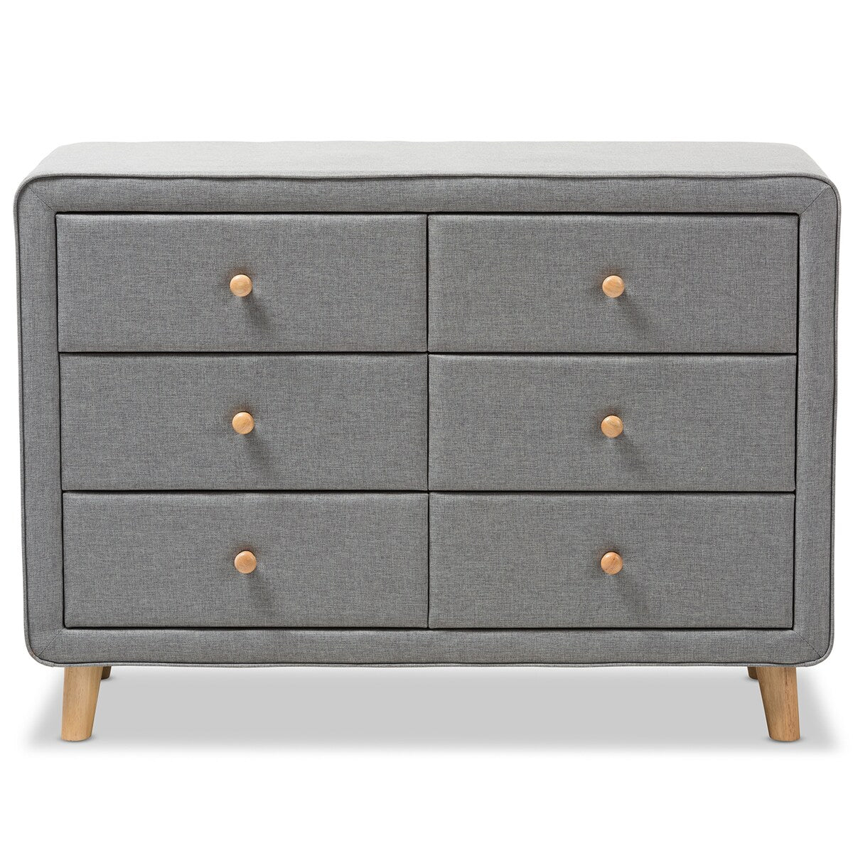 Jonesy Mid-Century Grey Fabric Upholstered 6-Drawer Dresser