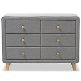 Jonesy Mid-Century Grey Fabric Upholstered 6-Drawer Dresser