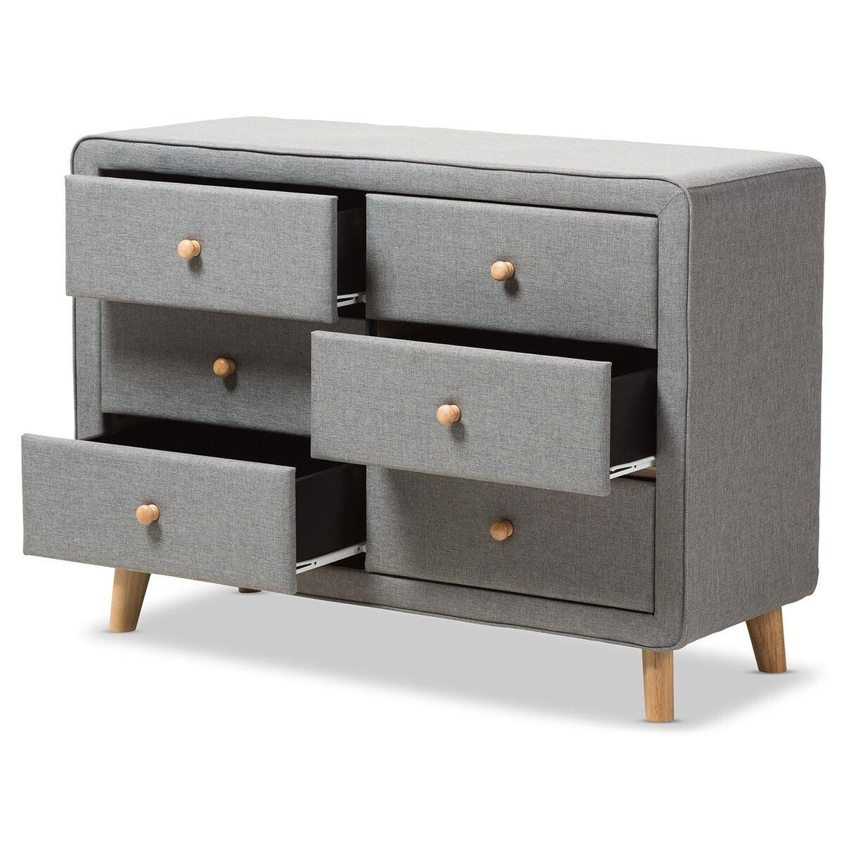 Jonesy Mid-Century Grey Fabric Upholstered 6-Drawer Dresser