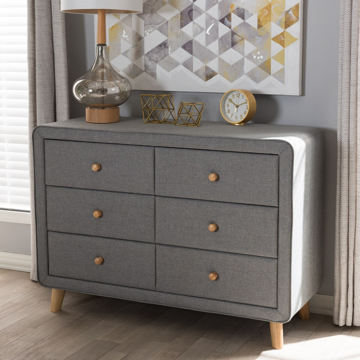 Jonesy Mid-Century Grey Fabric Upholstered 6-Drawer Dresser