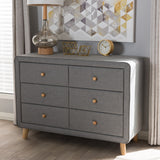 Jonesy Mid-Century Grey Fabric Upholstered 6-Drawer Dresser