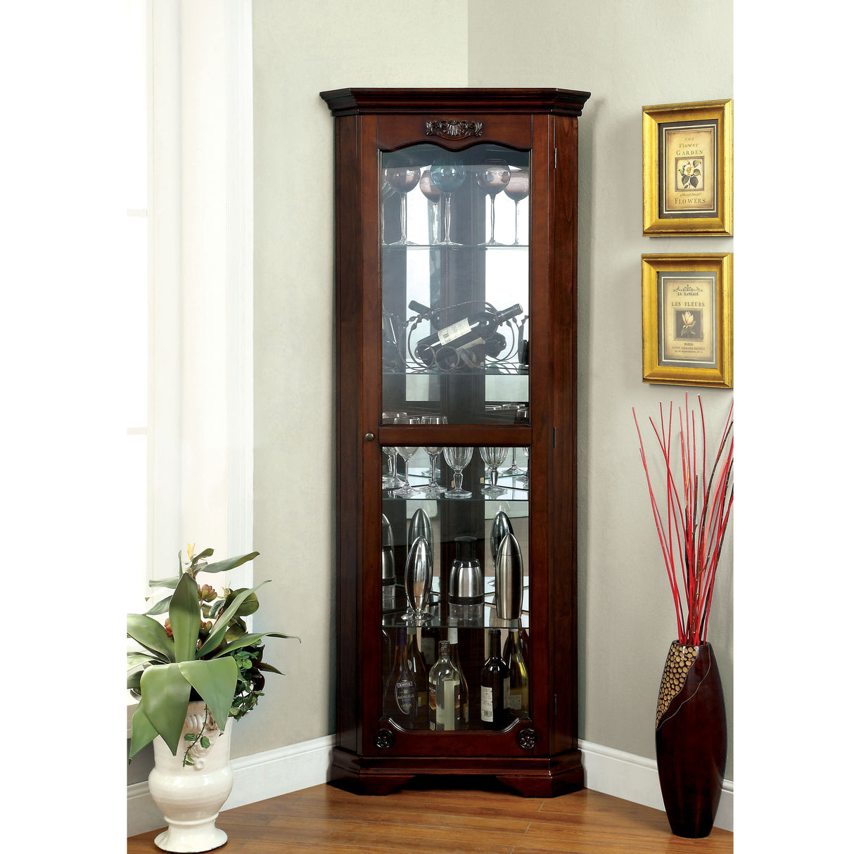 Jora Traditional Walnut Solid Wood 5-Shelf Curio Cabinet by Furniture of America