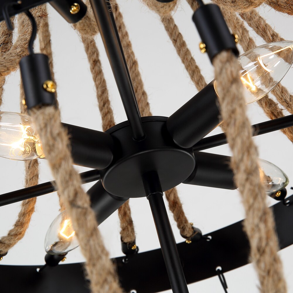 Journee Home 'Tahitian' 30 in Hard Wired Iron Hemp Rope Chandelier With 4 Included Edison Bulbs