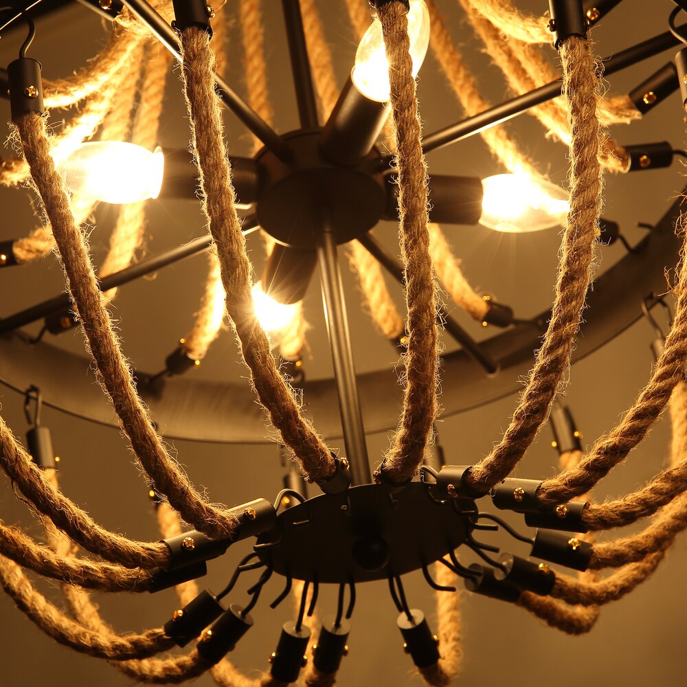 Journee Home 'Tahitian' 30 in Hard Wired Iron Hemp Rope Chandelier With 4 Included Edison Bulbs