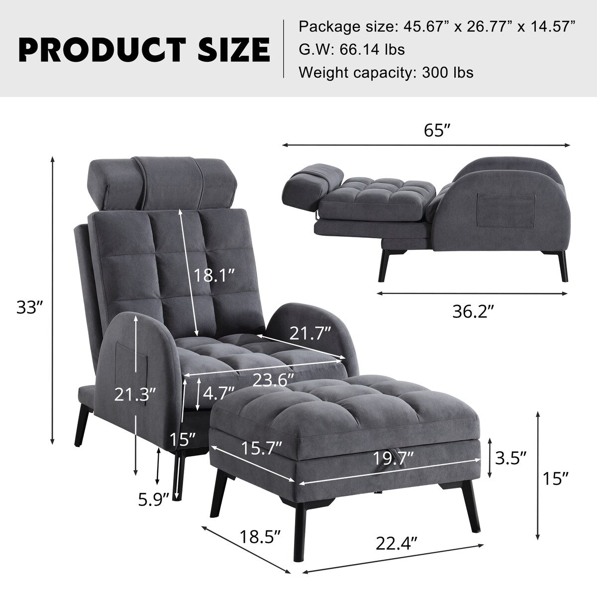 HOMYKA Upholstered Chaise Lounge Adjustable Backrest Chair with Storage Ottoman