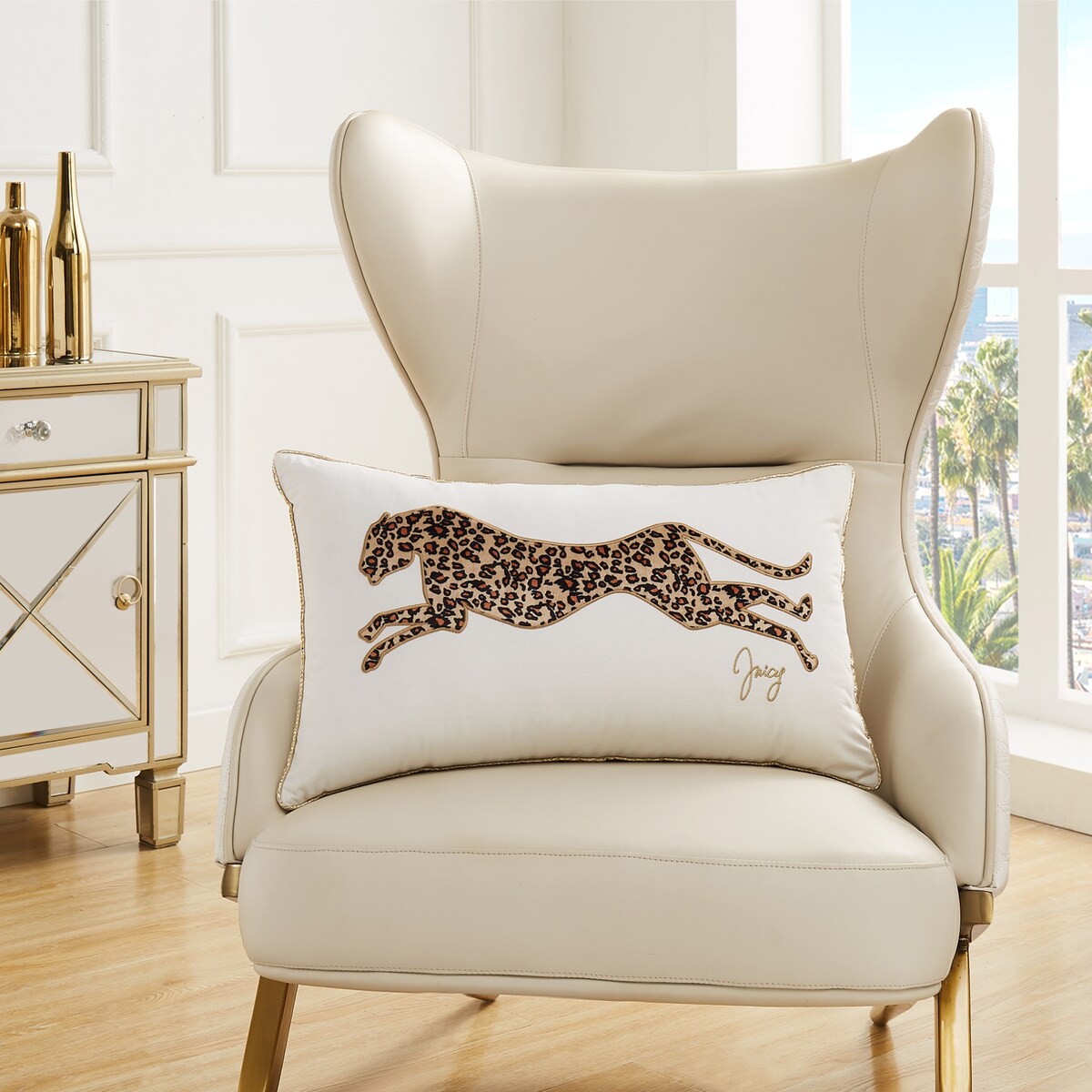 Juicy Couture Embroidered Leopard Pillow 14" x 24", White Velvet
