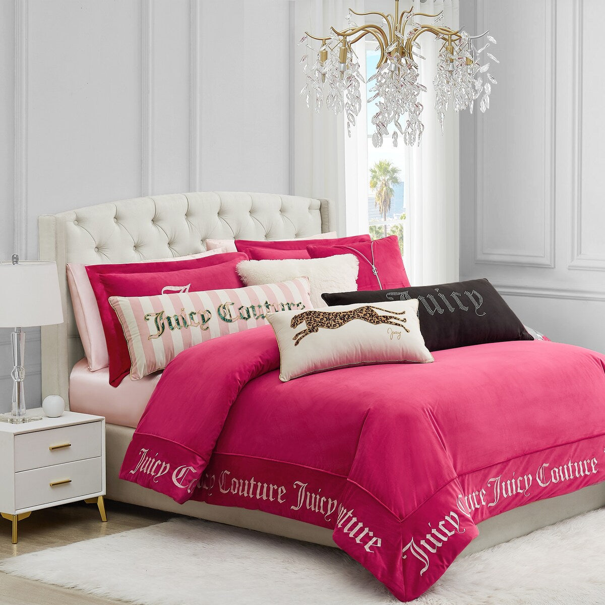 Juicy Couture Embroidered Leopard Pillow 14" x 24", White Velvet