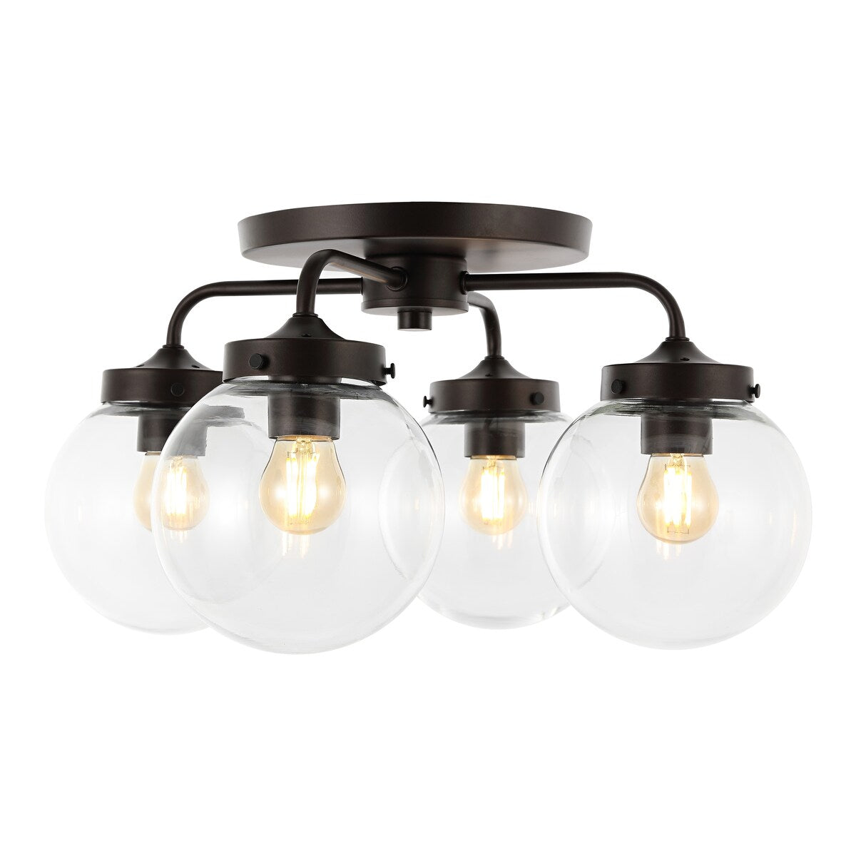 Julian 18" 4-Light Farmhouse Rustic Iron/Glass LED Semi Flush Mount, Oil Rubbed Bronze/Clear by JONATHAN Y - 4 Light