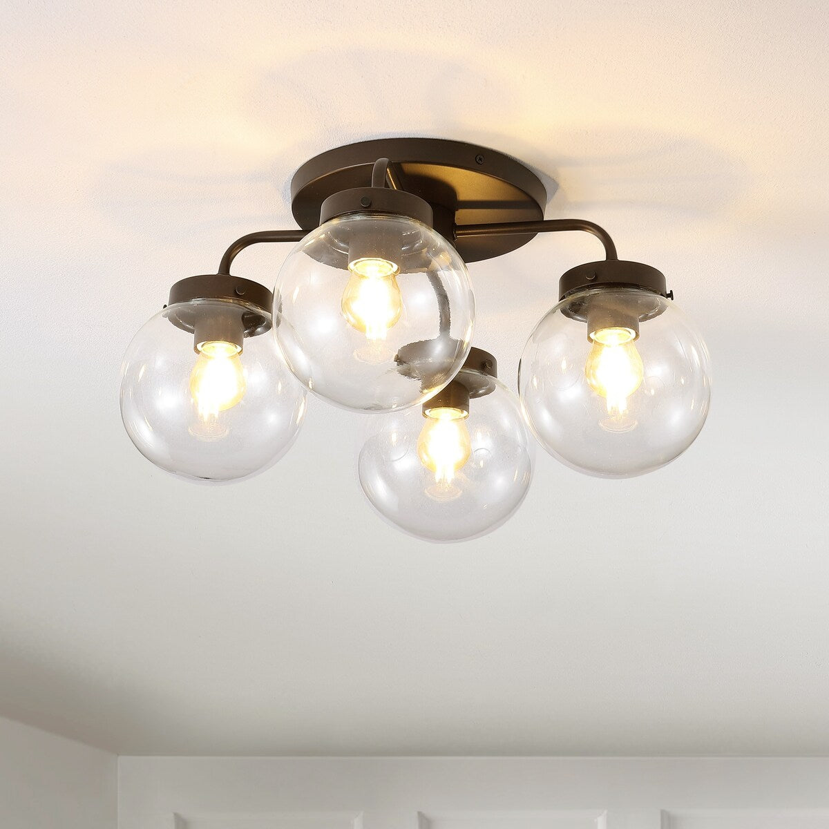 Julian 18" 4-Light Farmhouse Rustic Iron/Glass LED Semi Flush Mount, Oil Rubbed Bronze/Clear by JONATHAN Y - 4 Light