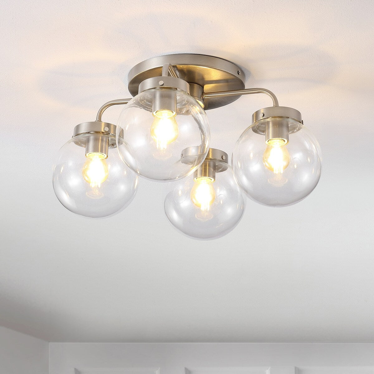 Julian 18" 4-Light Farmhouse Rustic Iron/Glass LED Semi Flush Mount, Oil Rubbed Bronze/Clear by JONATHAN Y - 4 Light