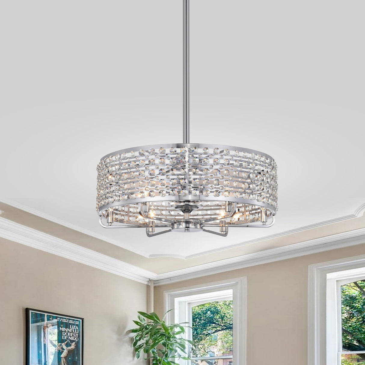 Julian Chrome 28-Inch 6-Light Metal & Crystal Drum Shade Lighted Ceiling Fan (Includes Remote)