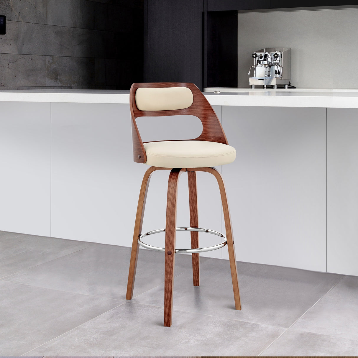 Julius Mid-Century Swivel Faux Leather and Wood Counter or Bar Stool