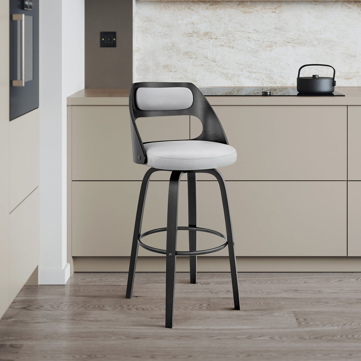 Julius Mid-Century Swivel Faux Leather and Wood Counter or Bar Stool