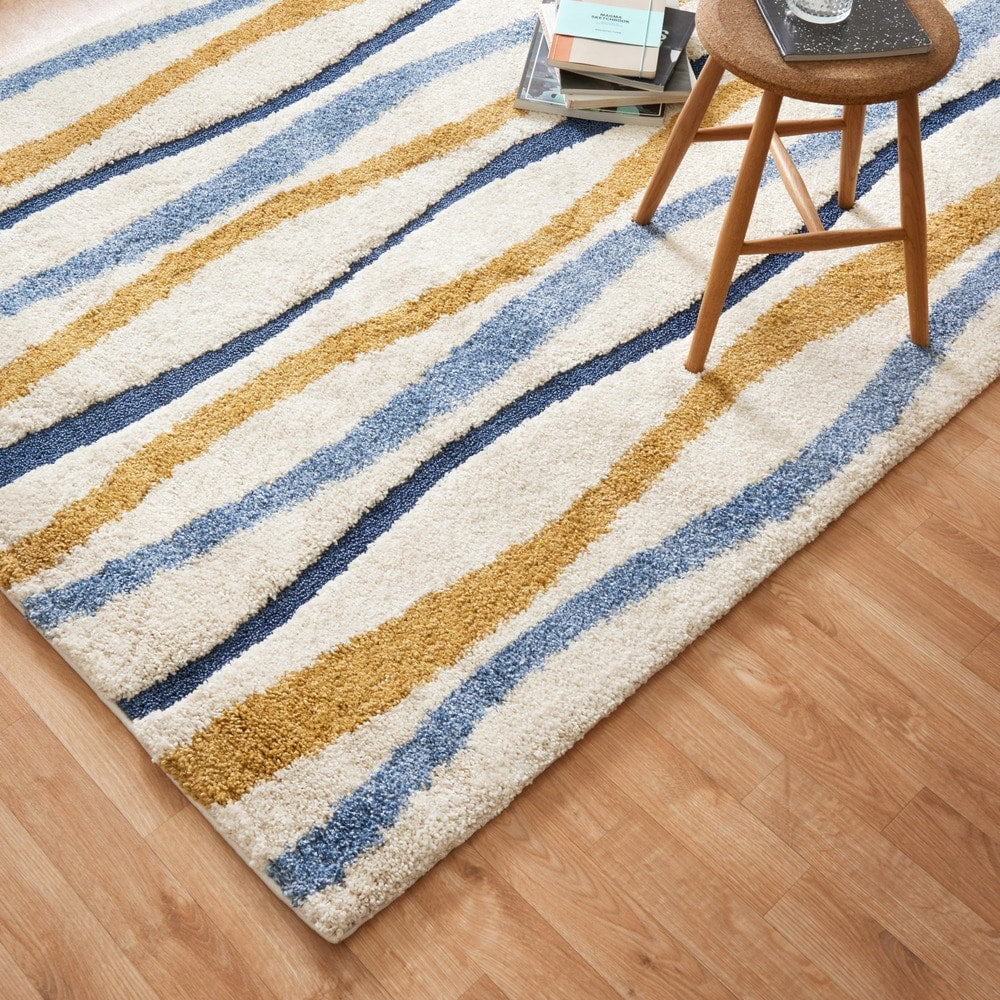 Carson Carrington Holstebro Blue/Gold Wavy Stripe Shag Area Rug