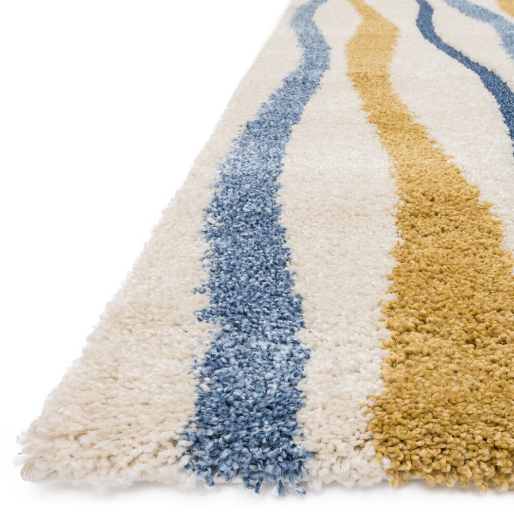 Carson Carrington Holstebro Blue/Gold Wavy Stripe Shag Area Rug