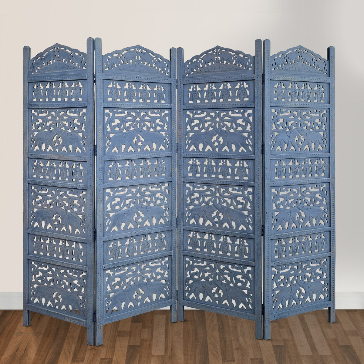 Jumbo 4 Panel Folding Room Divider Screen, Antique Blue Mango Wood, Elephant Motif Carved Design