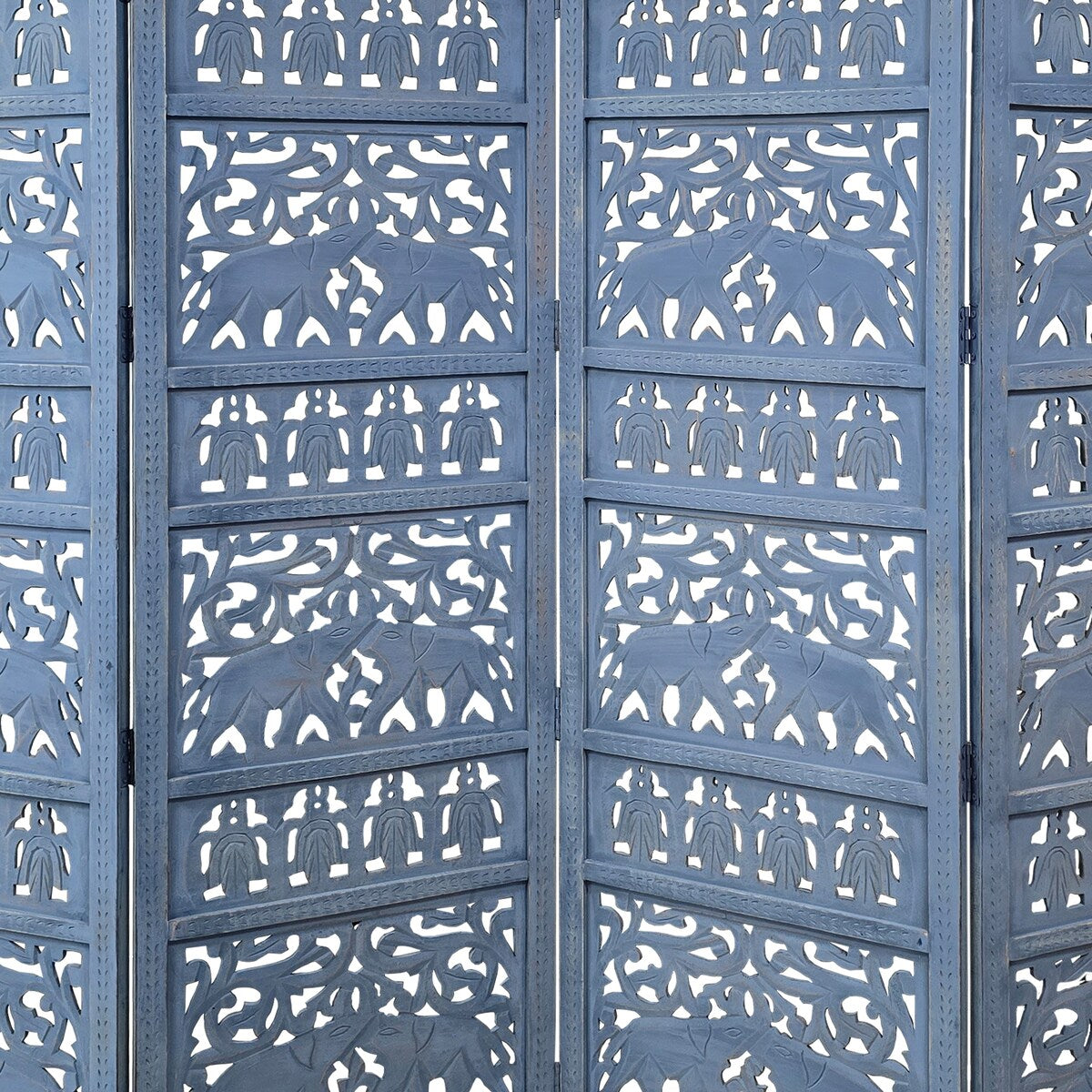 Jumbo 4 Panel Folding Room Divider Screen, Antique Blue Mango Wood, Elephant Motif Carved Design