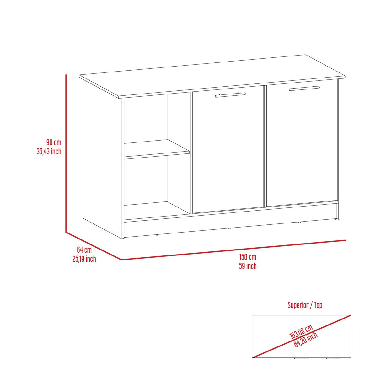 TUHOME Juniper Kitchen Island with Large Top Surface, Double Door Cabinet, and Open Shelves