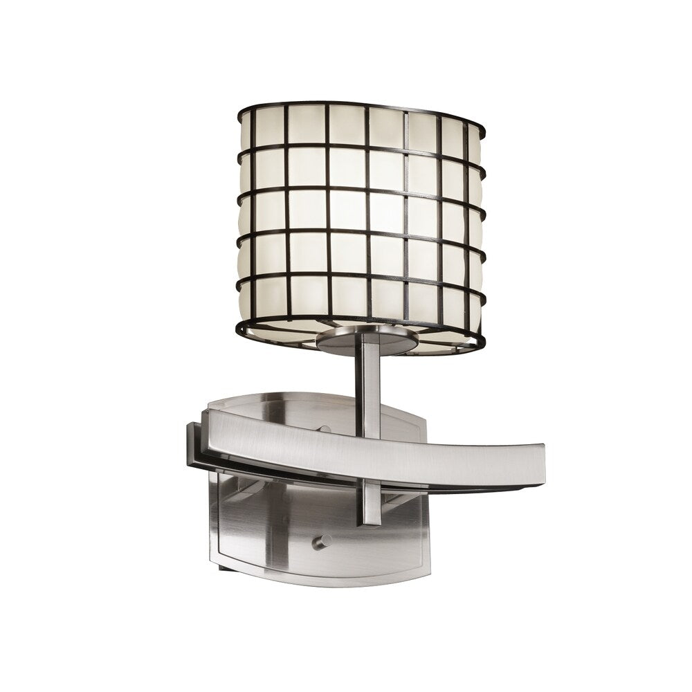 Justice Design Wire Glass Archway 1-light Brushed Nickel Wall Sconce, Grid with Opal Oval Shade