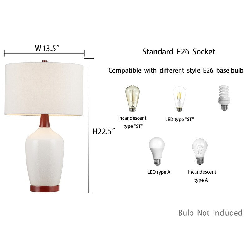 KAWOTI 22.5" Crack Glazed Ceramic Walnut Wood Base Table Lamp