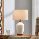 KAWOTI 22.5" Crack Glazed Ceramic Walnut Wood Base Table Lamp