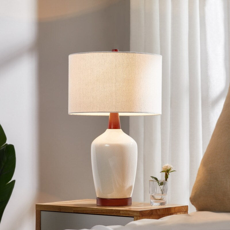 KAWOTI 22.5" Crack Glazed Ceramic Walnut Wood Base Table Lamp