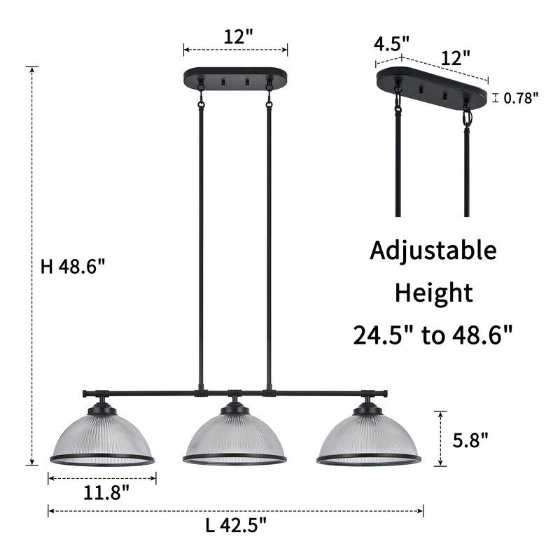 KAWOTI 3-Light Linear Kitchen Island Pendant with Dome Glass Shade - L 42.5" * W 12" * H 48.6"