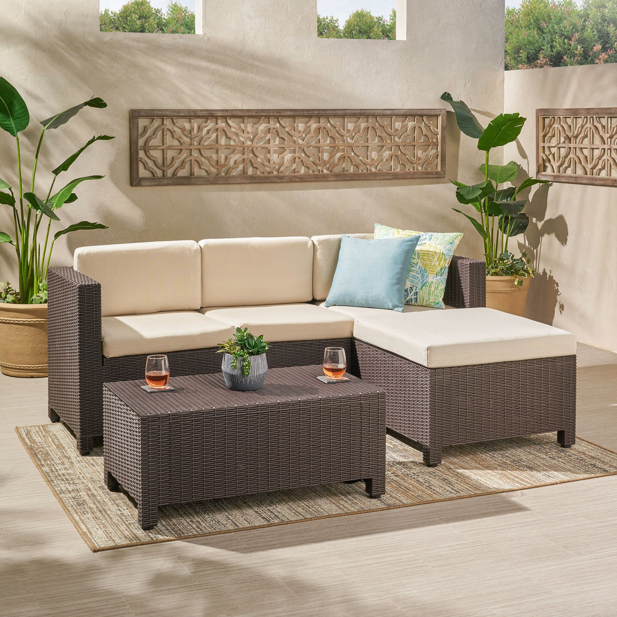 Kailani Outdoor Injection Molded Small Space 3 Seater L Shaped Sectional by Christopher Knight Home