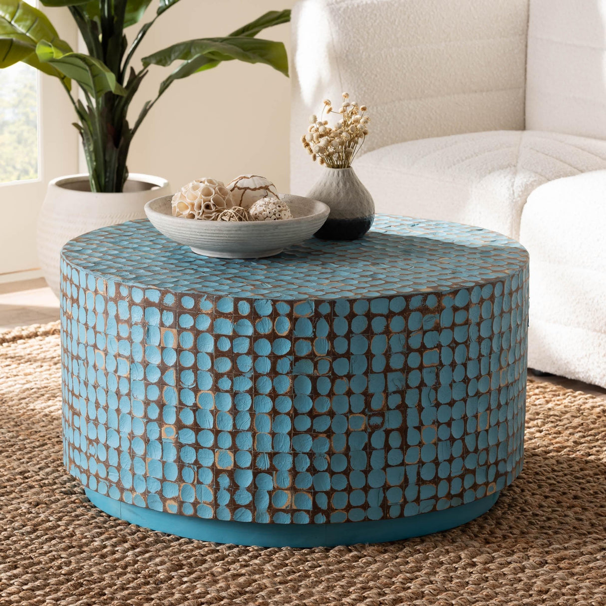 Kaloni Bohemian Coconut Shell and Acacia Wood Coffee Table