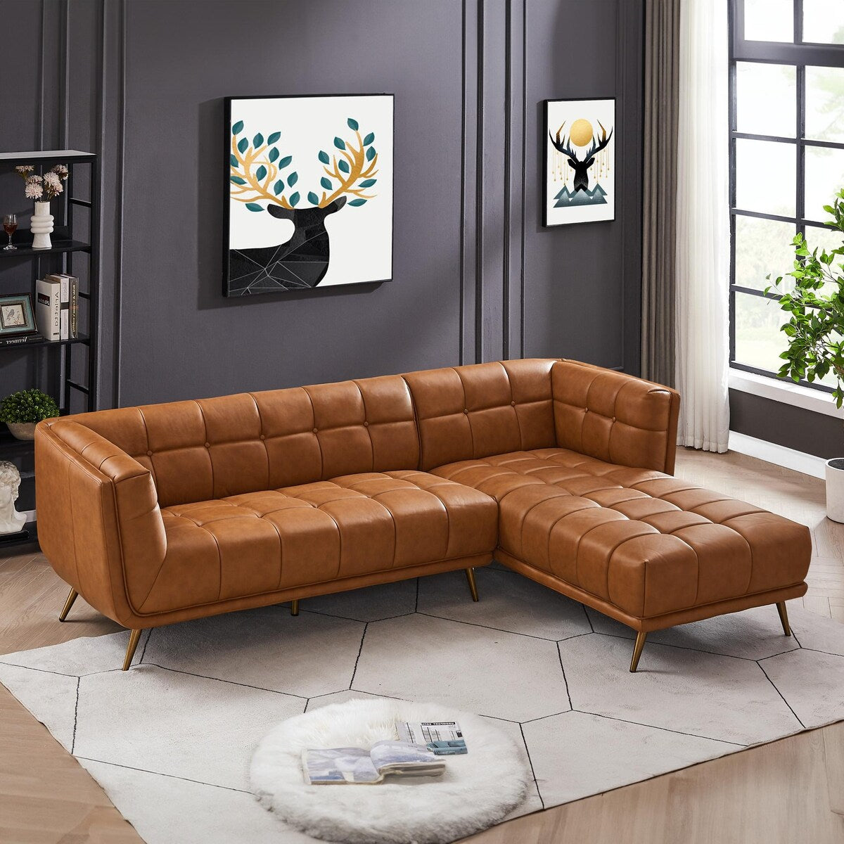 Kameron Luxury Modern Chesterfield Genuine Leather Sectional Couch in Cognac Tan