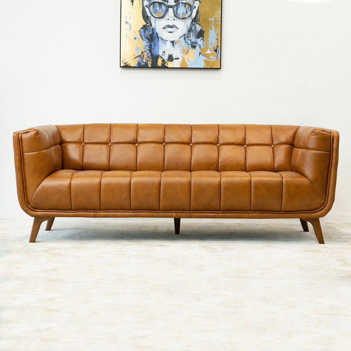 Corbin Mid Century Modern Tufted Back Genuine Leather Sofa in Cognac Tan