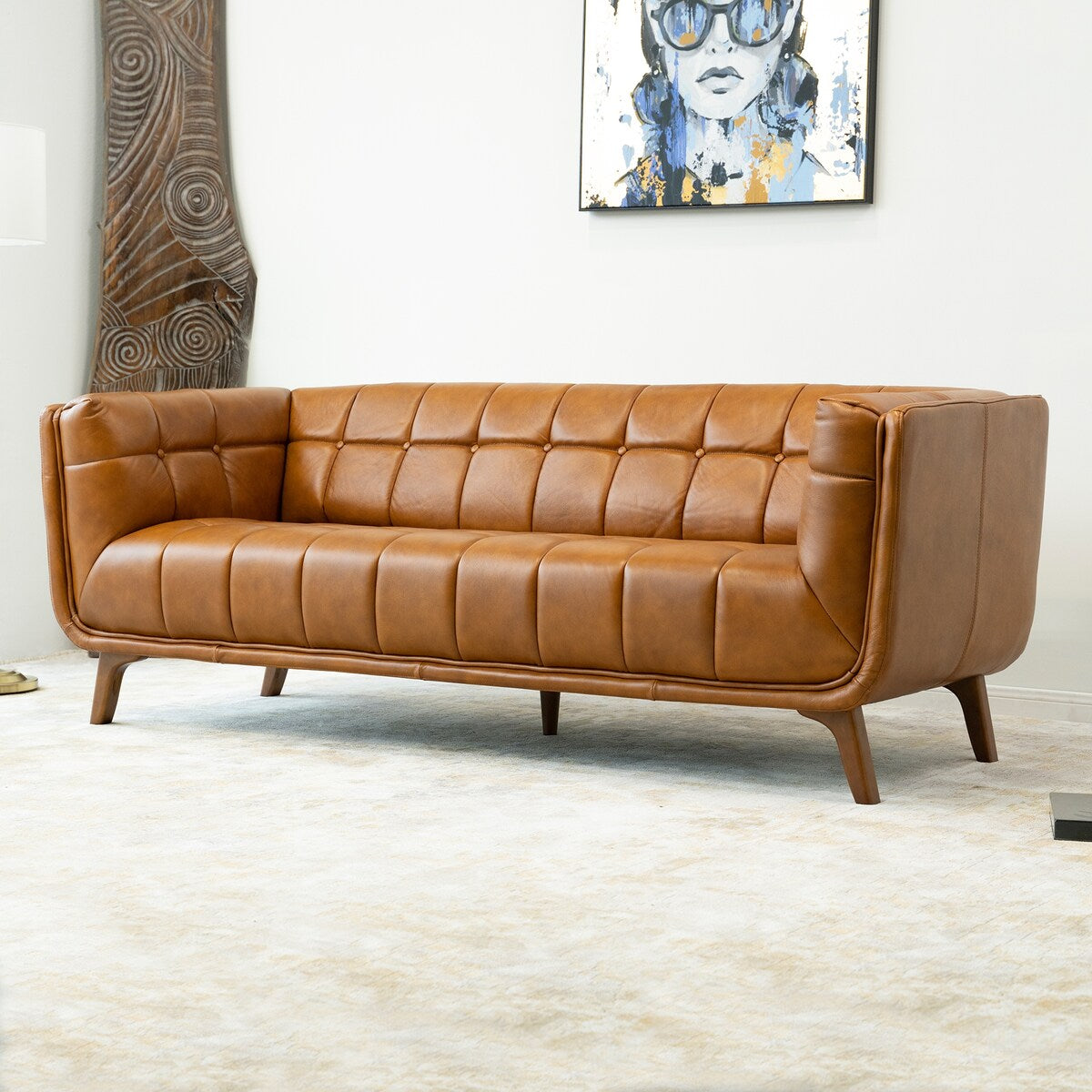 Corbin Mid Century Modern Tufted Back Genuine Leather Sofa in Cognac Tan