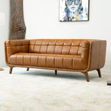 Corbin Mid Century Modern Tufted Back Genuine Leather Sofa in Cognac Tan