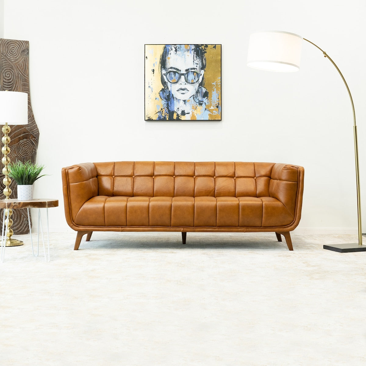 Corbin Mid Century Modern Tufted Back Genuine Leather Sofa in Cognac Tan